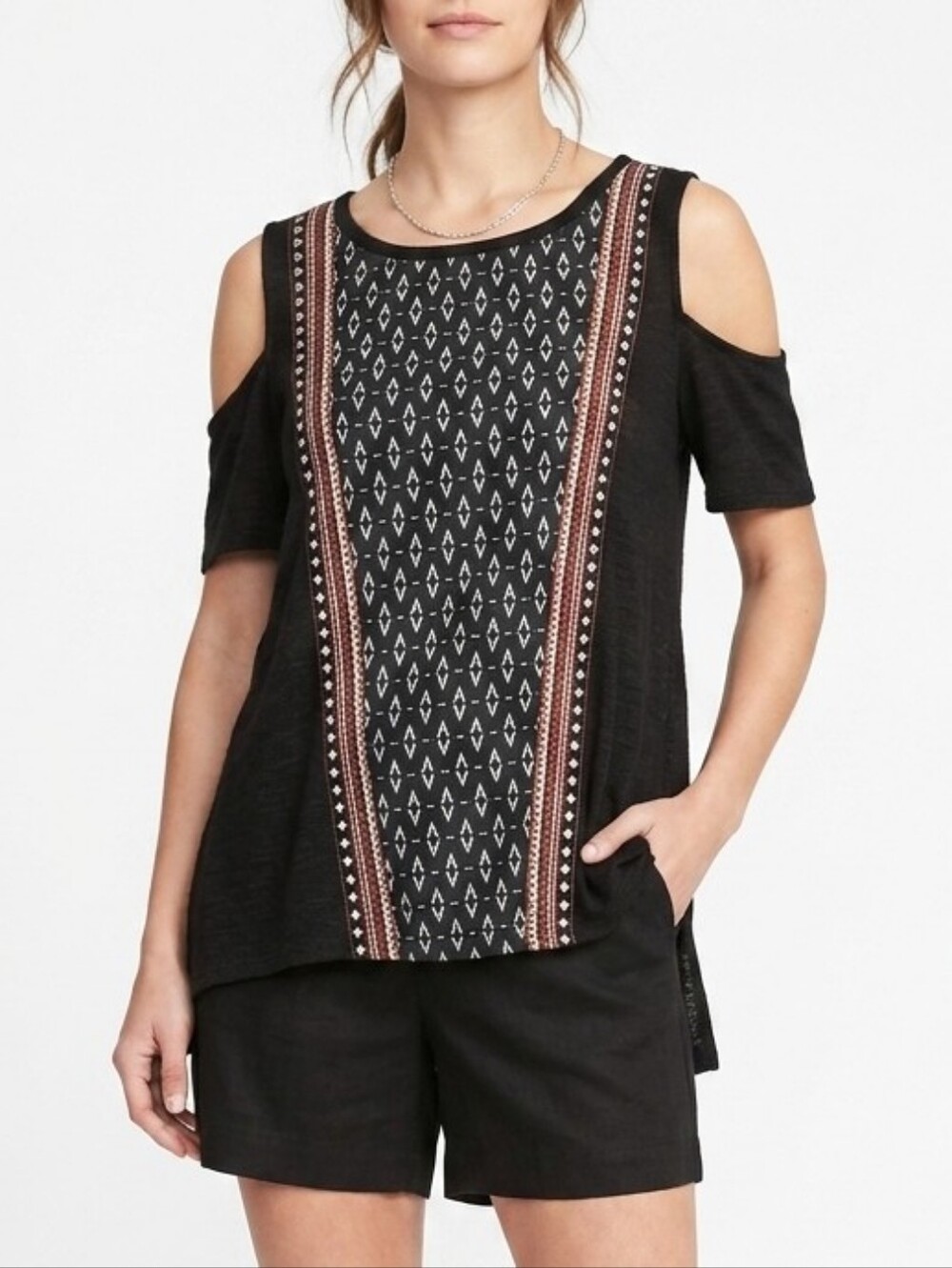 Sanctuary Cold-Shoulder Slub Knit Short Sleeve Top Tunic Shirt Geometric Medium